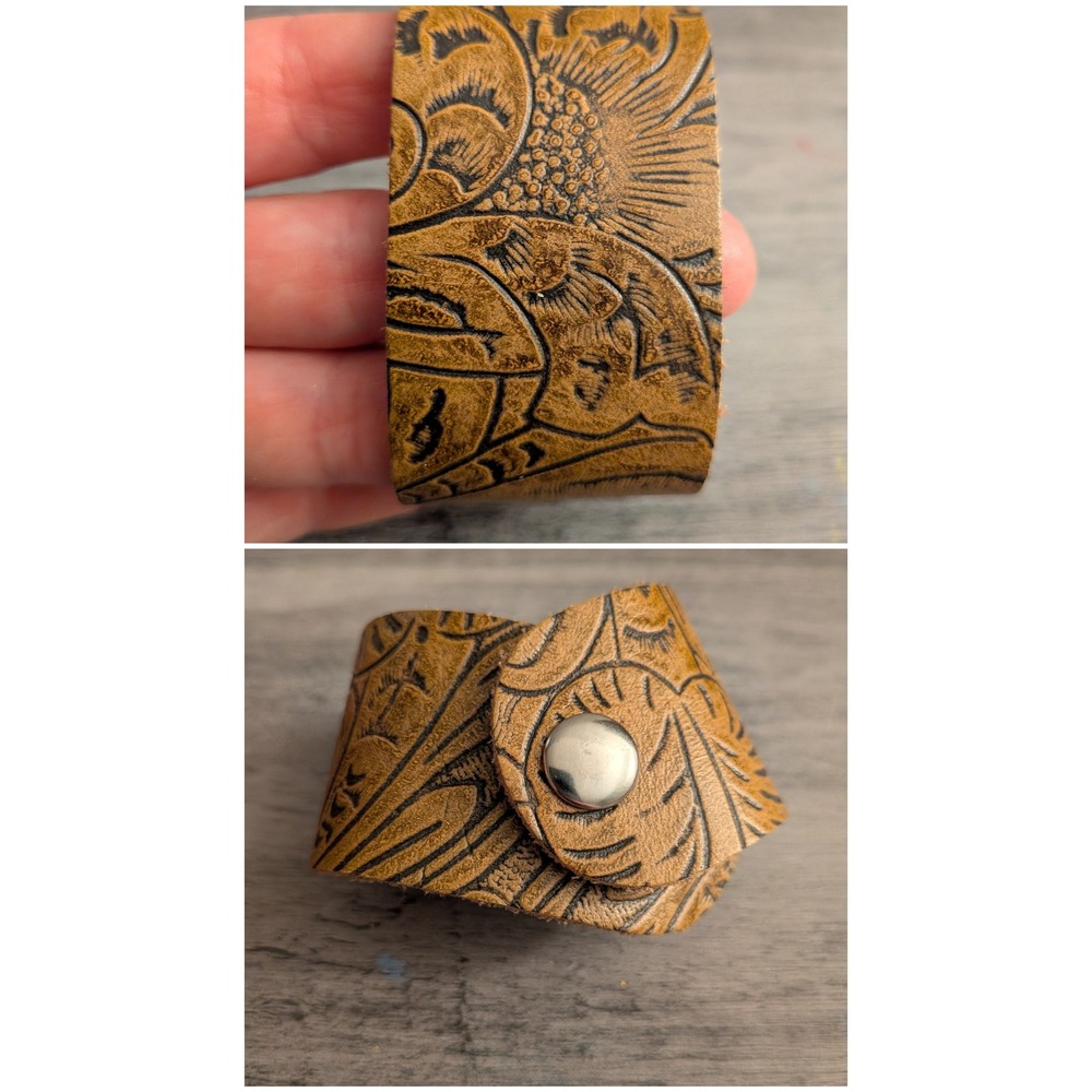 Western Tooled Leather Cuff Bracelet Floral Sunflower Tan Boho Wide Snap Wrap